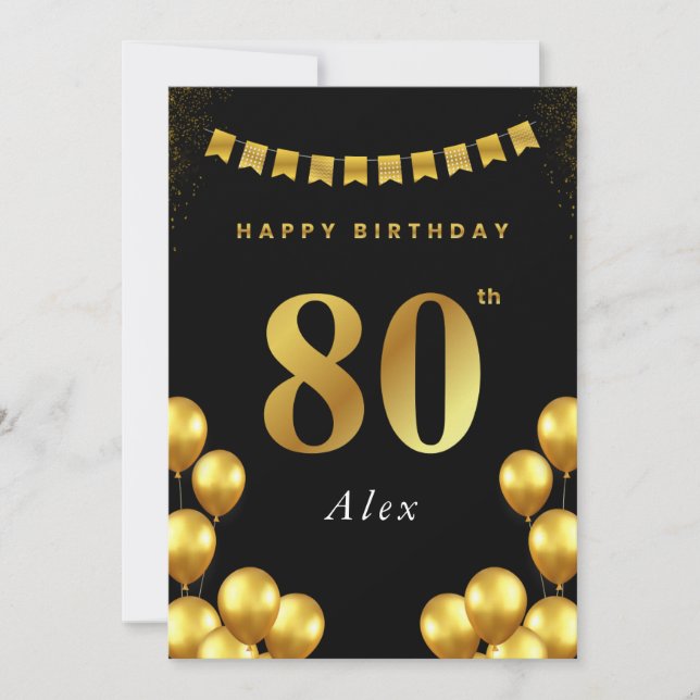 Carte 80th Birthday Card Black and Gold Balloons (Devant)