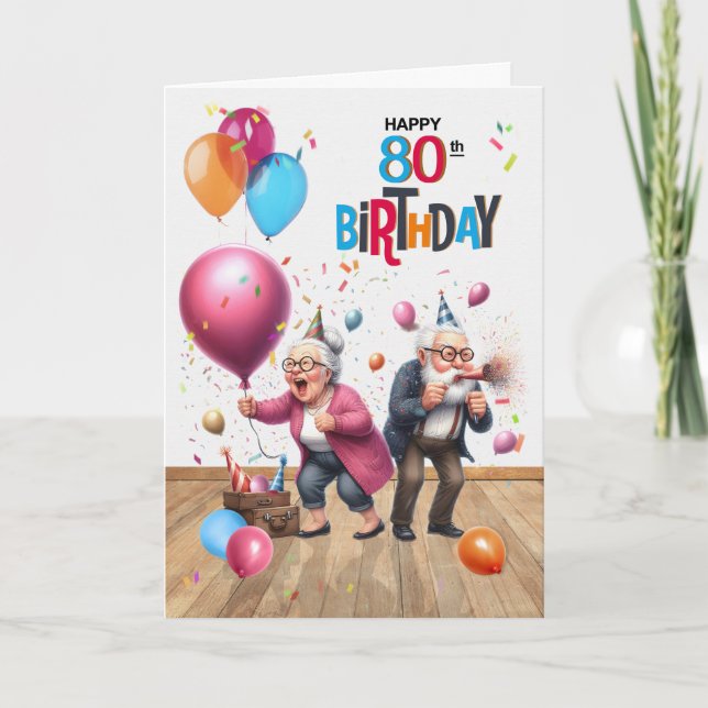 Carte 80th Birthday Funny Old Man and Woman Balloons (Devant)