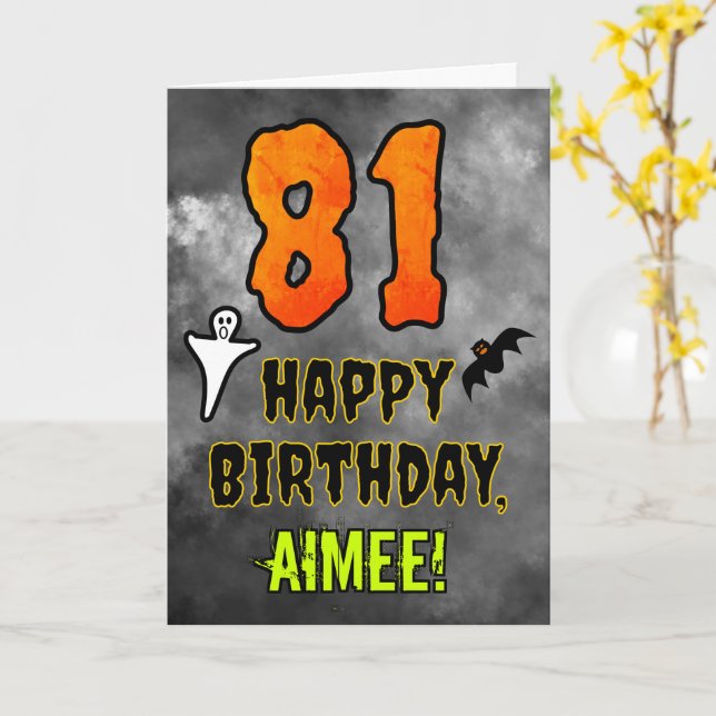 Carte 81e anniversaire : Eerie Halloween Thème + Nom per (Fleur jaune)