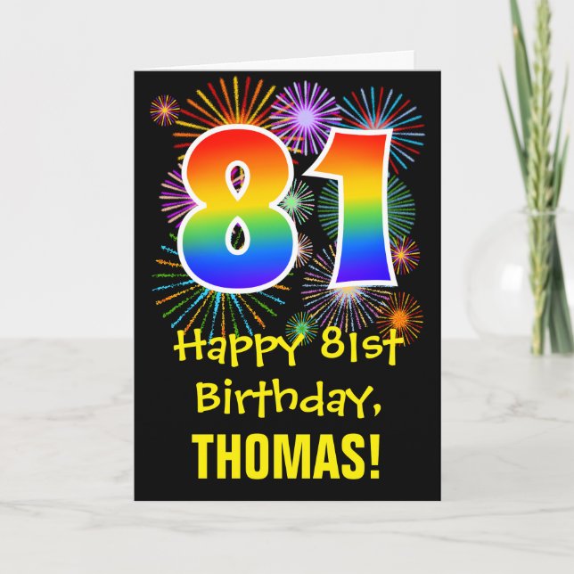 Carte 81e anniversaire : Fun Fireworks Motif + Rainbow 8 (Devant)