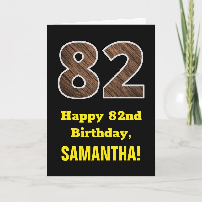 Carte 82e anniversaire : Nom, Motif Faux Wood Grain "82" (Devant)