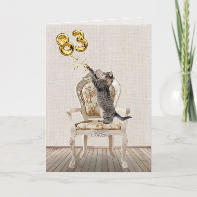 Carte 83e anniversaire Ballons et Tabby Cat (Devant)