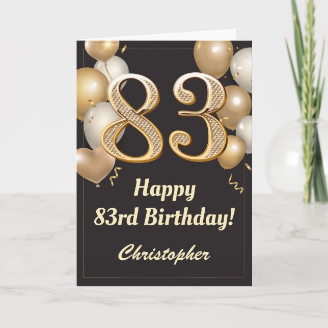 Carte 83e anniversaire Ballons Noir et Or Confetti (Devant)
