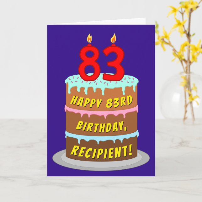 Carte 83e anniversaire : Fun Cake and Candles + Nom pers (Fleur jaune)