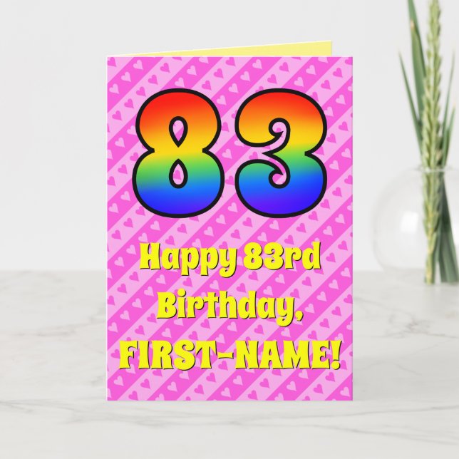 Carte 83e anniversaire : Pink Stripes & Hearts, Arc en c (Devant)