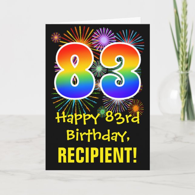 Carte 83ème anniversaire : Fun Fireworks Motif + Rainbow (Devant)