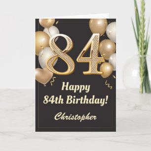Carte 84e anniversaire Ballons Noir et Or Confetti