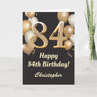 Carte 84e anniversaire Ballons Noir et Or Confetti