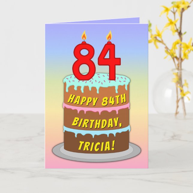 Carte 84e anniversaire — Fun Cake & Candles, avec nom pe (Fleur jaune)