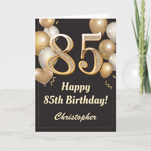 Carte 85e anniversaire Ballons Noir et Or Confetti (Devant)