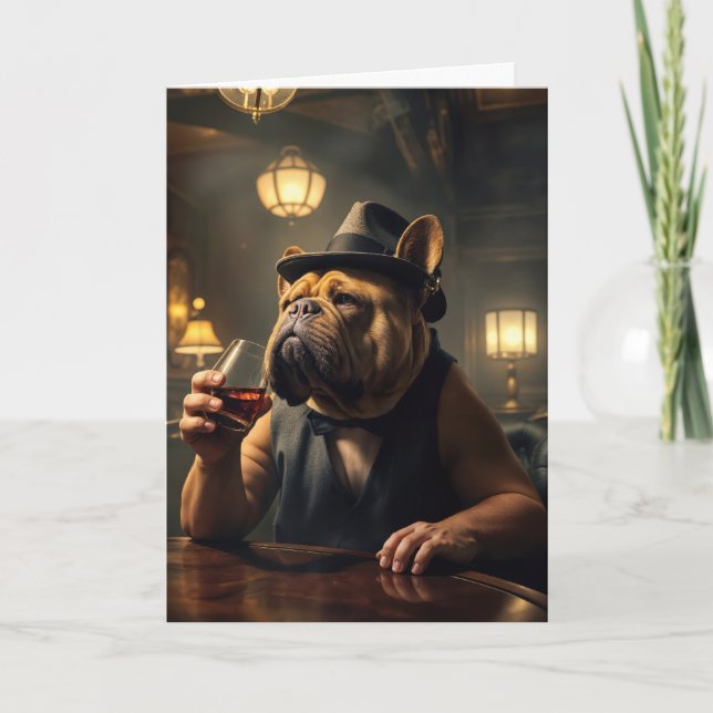 Carte 85e anniversaire Bulldog tenant un verre (Devant)