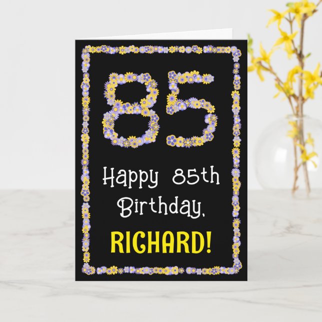 Carte 85e anniversaire : Floral Flowers Numéro, Nom pers (Fleur jaune)