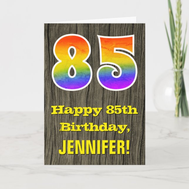 Carte 85e anniversaire : Rustic Faux Wood Look, Arc-en-c (Devant)