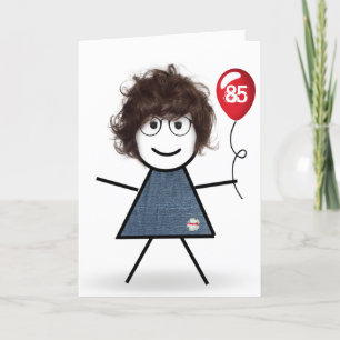 Carte 85e Anniversaire Stick Girl avec ballon rouge
