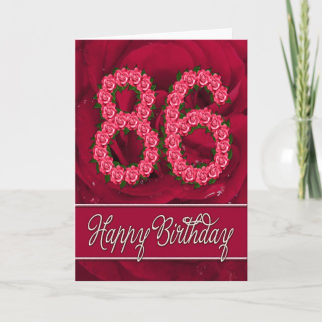 Carte 86e anniversaire avec roses et feuilles (Devant)