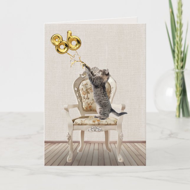 Carte 86e anniversaire Ballons et Tabby Cat (Devant)