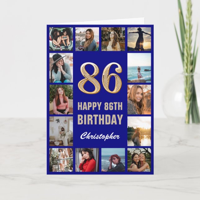 Carte 86e Joyeux Anniversaire Marine Bleu & Gold Photo C (Devant)