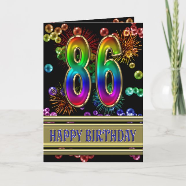 Carte 86ème anniversaire avec bulles arc-en-ciel et feux (Devant)