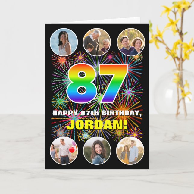 Carte 87e anniversaire : Arc-en-ciel amusant #, Nom pers (Fleur jaune)