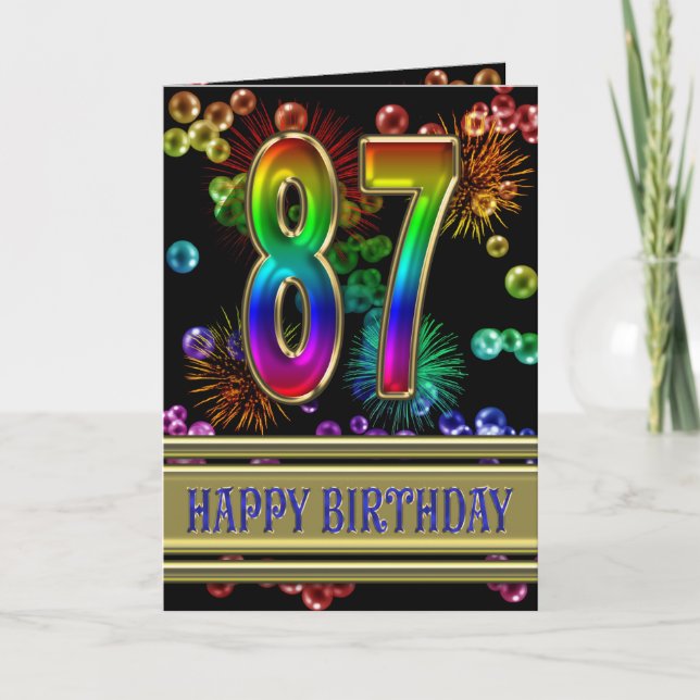 Carte 87e anniversaire avec bulles arc-en-ciel et feux d (Devant)