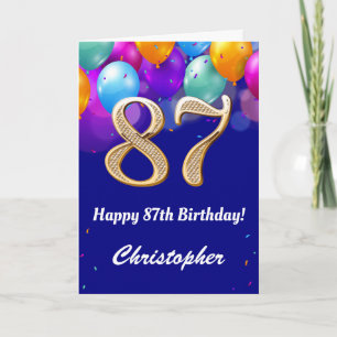 Carte 87e anniversaire Ballons bleu et or couleur marine