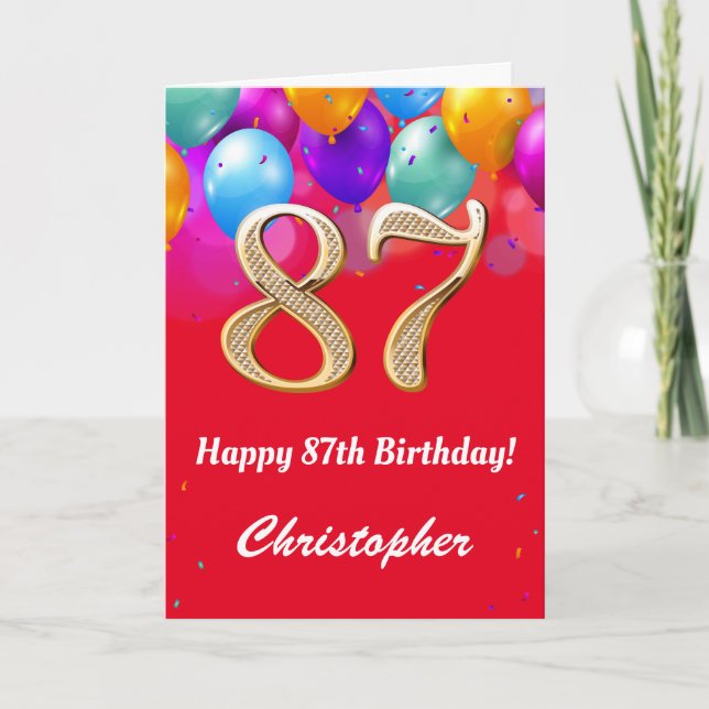 Carte 87e anniversaire Ballons rouges et dorés (Devant)