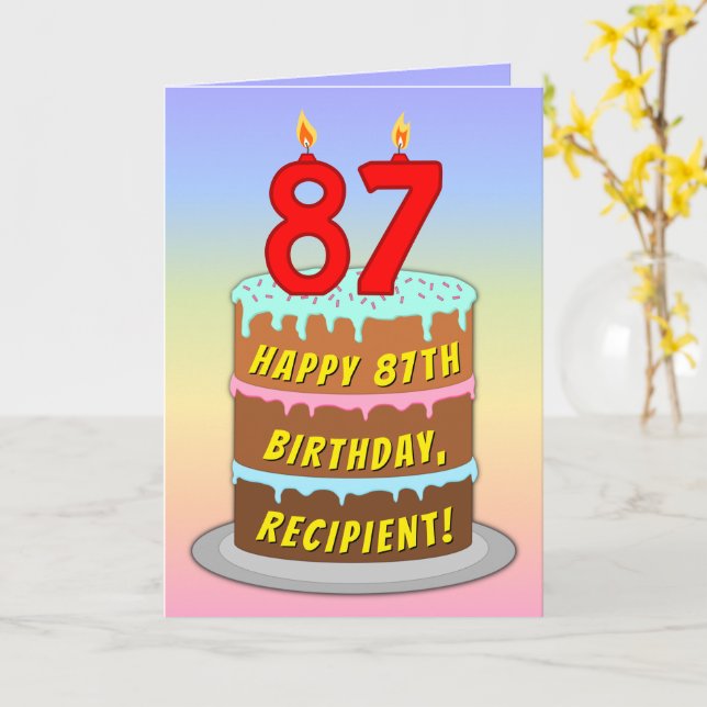 Carte 87th Birthday — Fun Cake & Candles, w/ Custom Name (Fleur jaune)