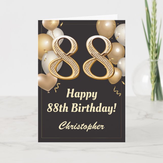 Carte 88e anniversaire Ballons Noir et Or Confetti (Devant)