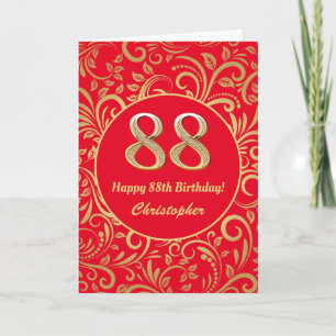 Carte 88e anniversaire Motif Floral rouge et or