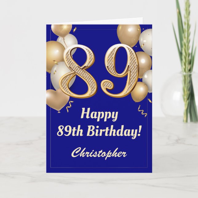 Carte 89e anniversaire Marine Bleu et Ballons d'or Confe (Devant)