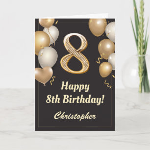 Carte 8e anniversaire Ballons Noir et Or Confetti