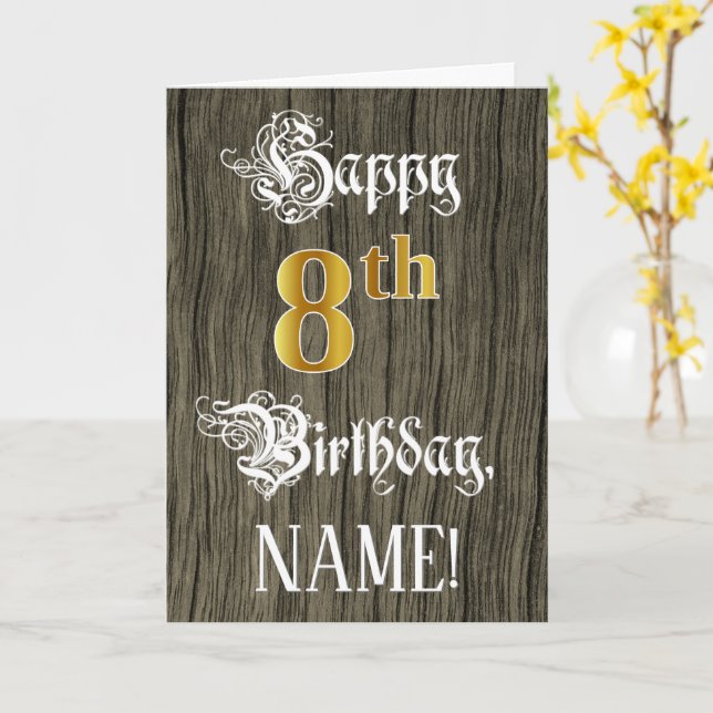 Carte 8e anniversaire : Faux Gold Look + Faux Wood Motif (Fleur jaune)