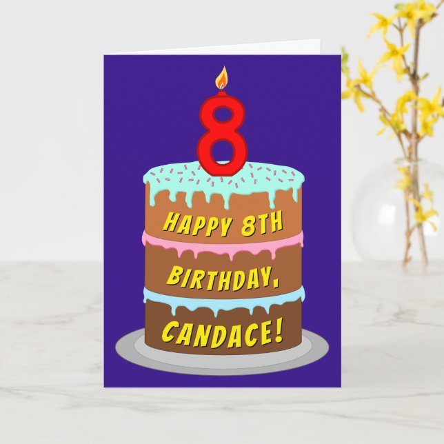 Carte 8e anniversaire : Fun Cake and Candle + Nom person (Fleur jaune)