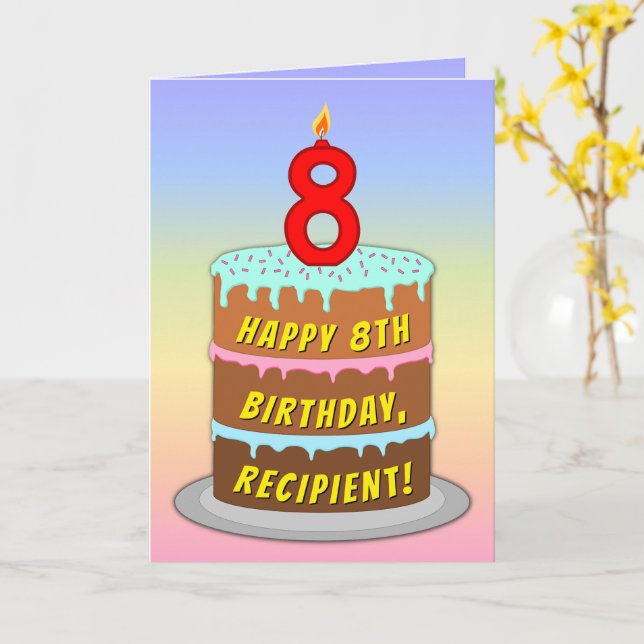 Carte 8e anniversaire — Fun Cake & Candle, avec un nom p (Fleur jaune)