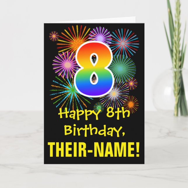 Carte 8e anniversaire : Fun Motif Fireworks + Rainbow 8 (Devant)