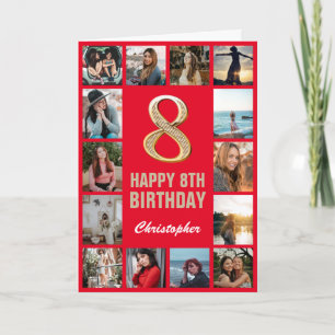 Carte 8e anniversaire heureux Collage photo rouge et or