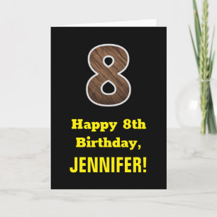 Carte 8e anniversaire : Nom, Motif Faux Wood Grain "8"