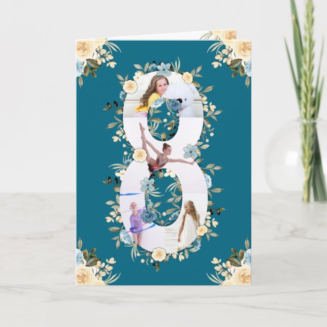 Carte 8e anniversaire Photo Collage Fleur bleu jaune Tur (Devant)
