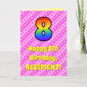 Carte 8e anniversaire : Pink Stripes & Hearts, Rainbow #