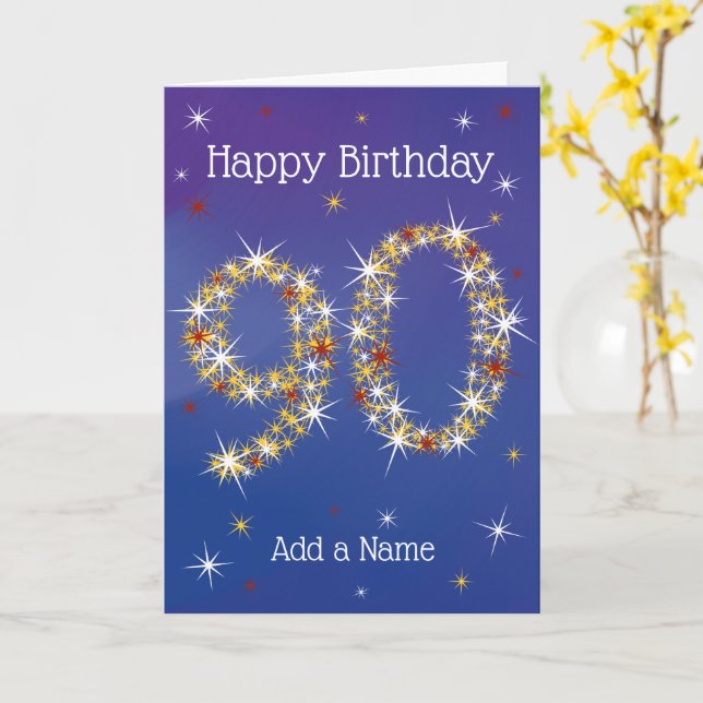 Carte 90e anniversaire - 90 en étoiles - bleu - 90 ans (Fleur jaune)