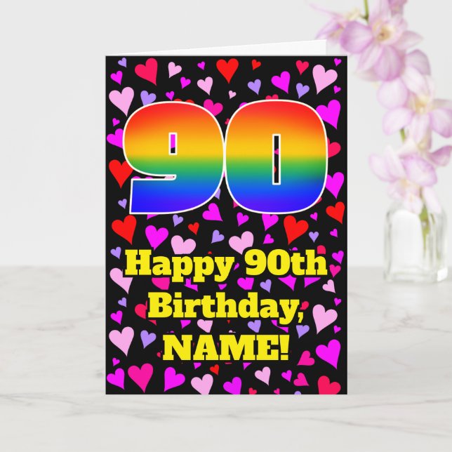 Carte 90e anniversaire : Amour Hearts Motif, Arc en ciel (Orchidée)