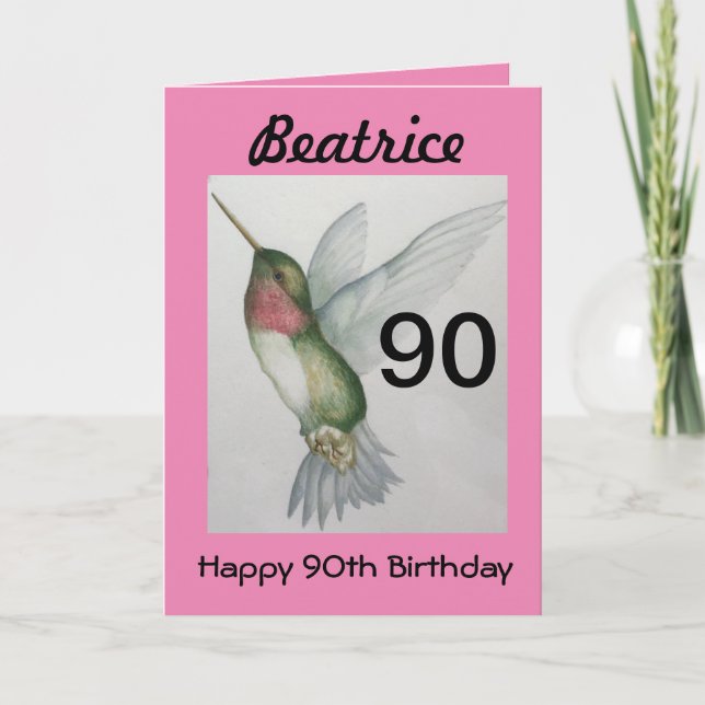 Carte 90e anniversaire Elegant rose Colibri Aquarelle (Devant)