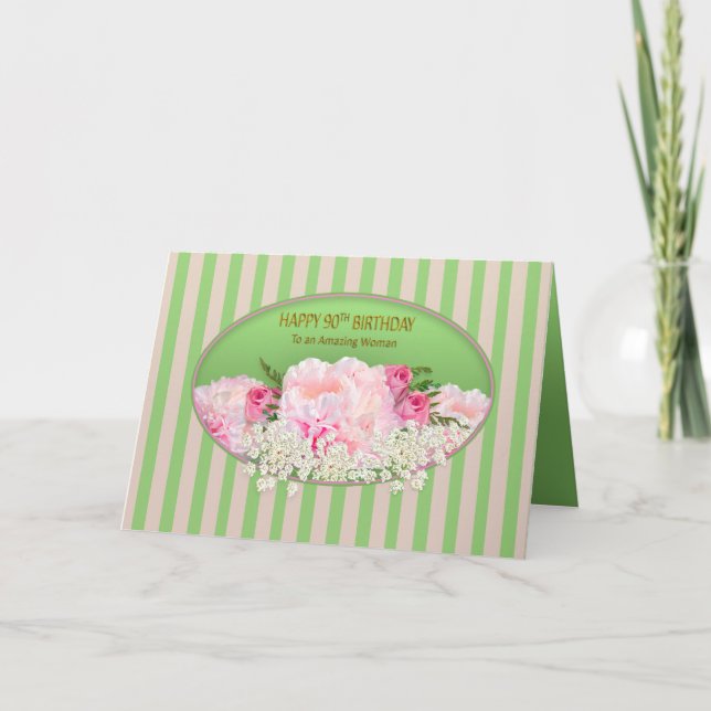 Carte 90e anniversaire, Feminine aux pivoines roses, Fle (Devant)