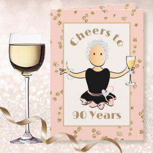 Carte 90e anniversaire Femme Caricature Sparkle Champagn