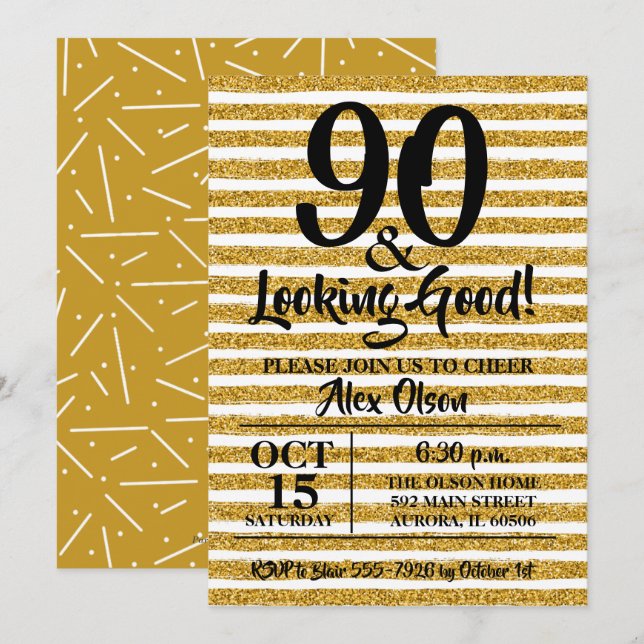 Carte 90e anniversaire Gold Parties scintillant Party In (Devant / Derrière)
