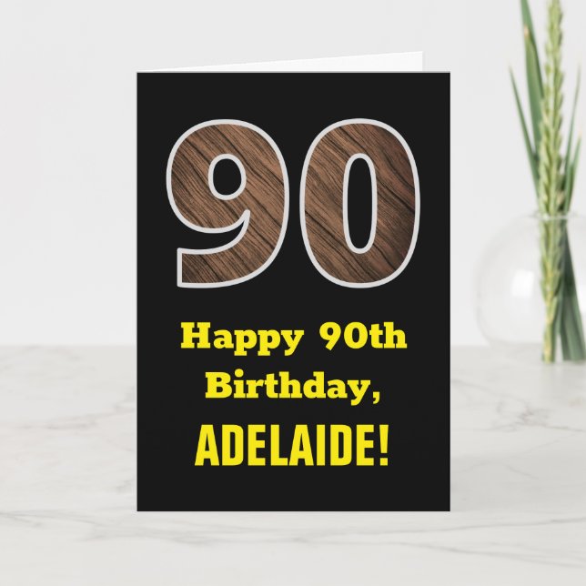 Carte 90e anniversaire : Nom, Motif Faux Wood Grain "90" (Devant)