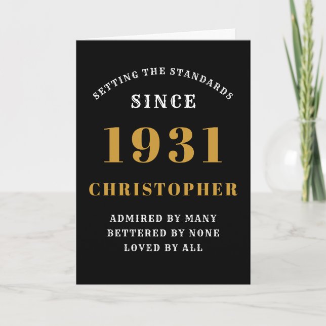 Carte 90e anniversaire personnalisé Né en 1931Black Gold (Devant)