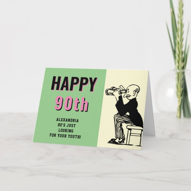 Carte 90e anniversaire personnalisé Retro Drôle Cartoon (Devant)