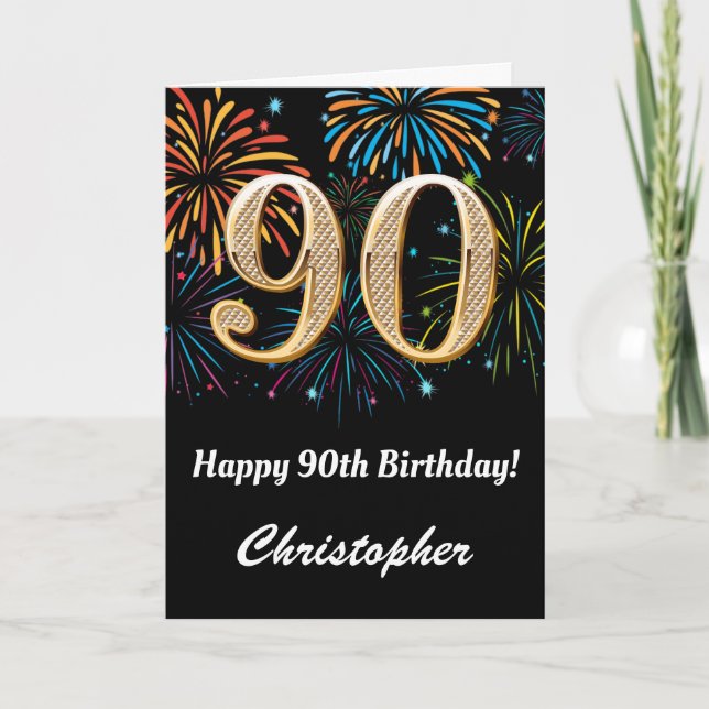 Carte 90e anniversaire Rainbow Fireworks noir et or (Devant)
