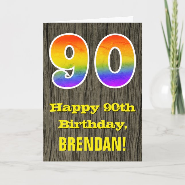 Carte 90e anniversaire : Rustic Faux Wood Look, Rainbow  (Devant)